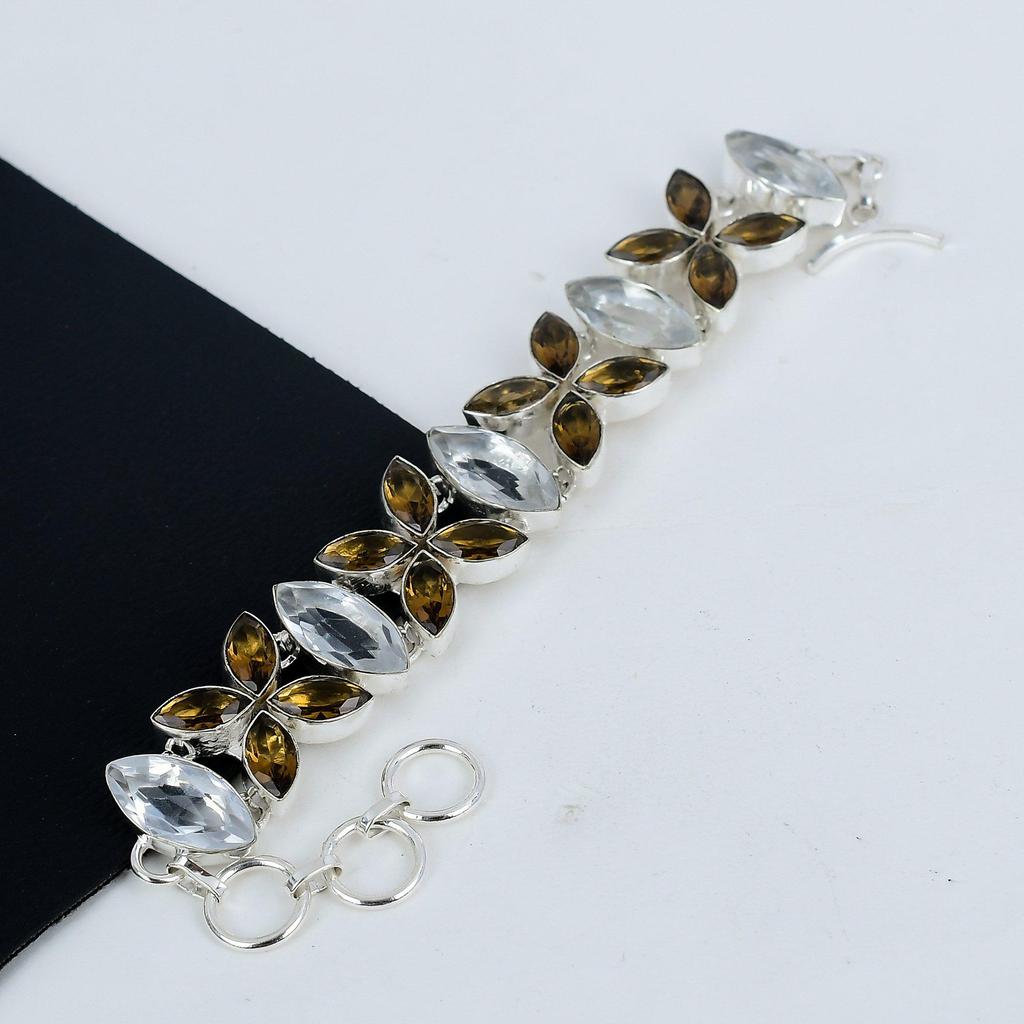 Smoky Topaz , White Topaz Gemstone Handmade 925 Sterling Silver Bracelet, Smoky Topaz , White Topaz Bracelet For Wife , Unisex Bracelet, Gift For Her