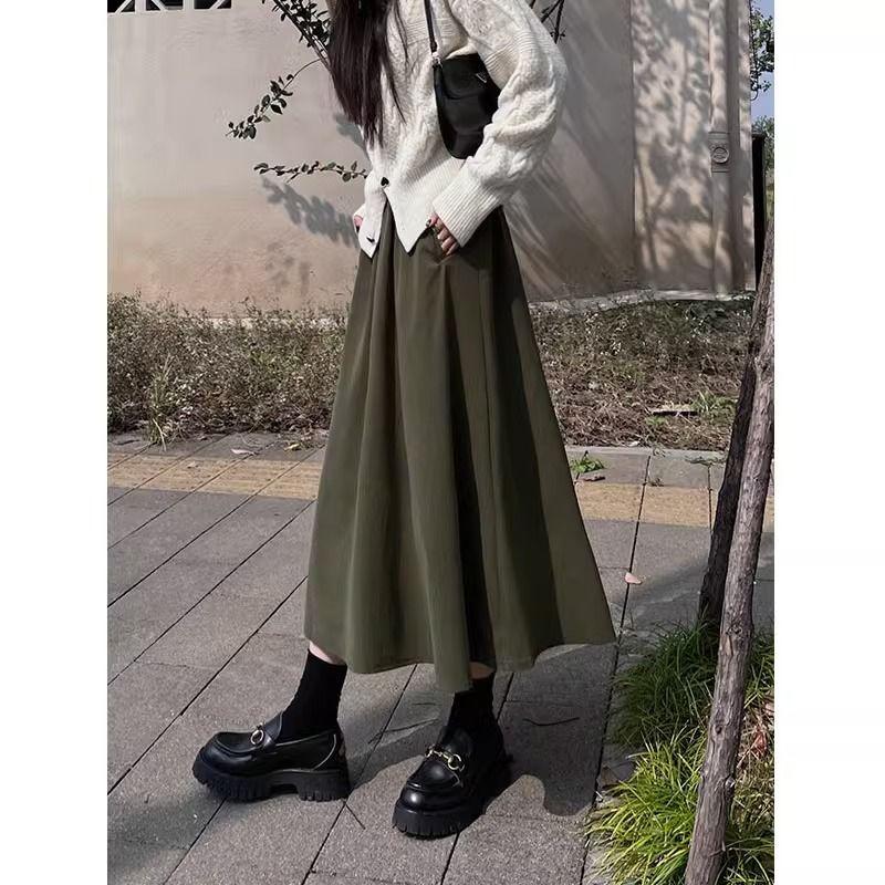 Autumn Winter Women's Plus Size Retro Corduroy Midi Skirt Loose Slim-Fitting A-Line Umbrella Skirt