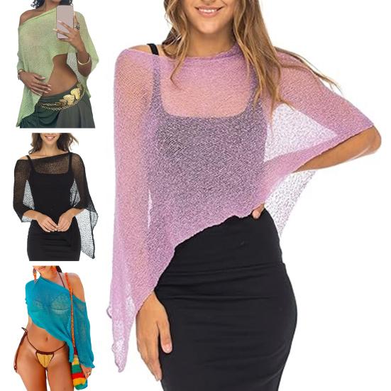 Women Cloak Shawl Mesh Wrap with Asymmetrical Hem Lightweight Summer Pullover Sweater Travel Wrap-around Clothing