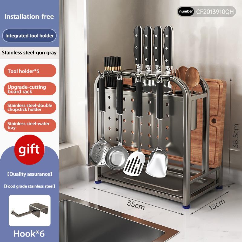 Multifunctional Knife Holder Stainless Steel Stand Home Kitchen Utensil Counter Cutting Board Rack Knife Pot Lid Storage Rack
