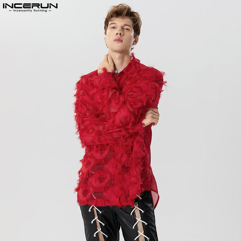 INCERUN Men Long Sleeve Button Up See Through Tassels Shirts Party Tops