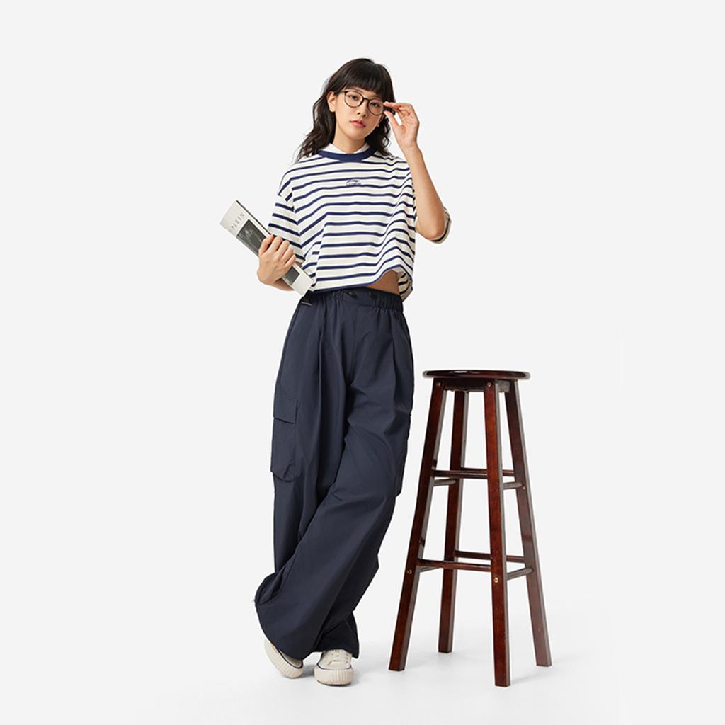 Li Ning Sports Lifestyle Series Solid Color Mid Waist Breathable Versatile Loose Straight Casual Pants Women Pants Deep-Blue AYKV540-3