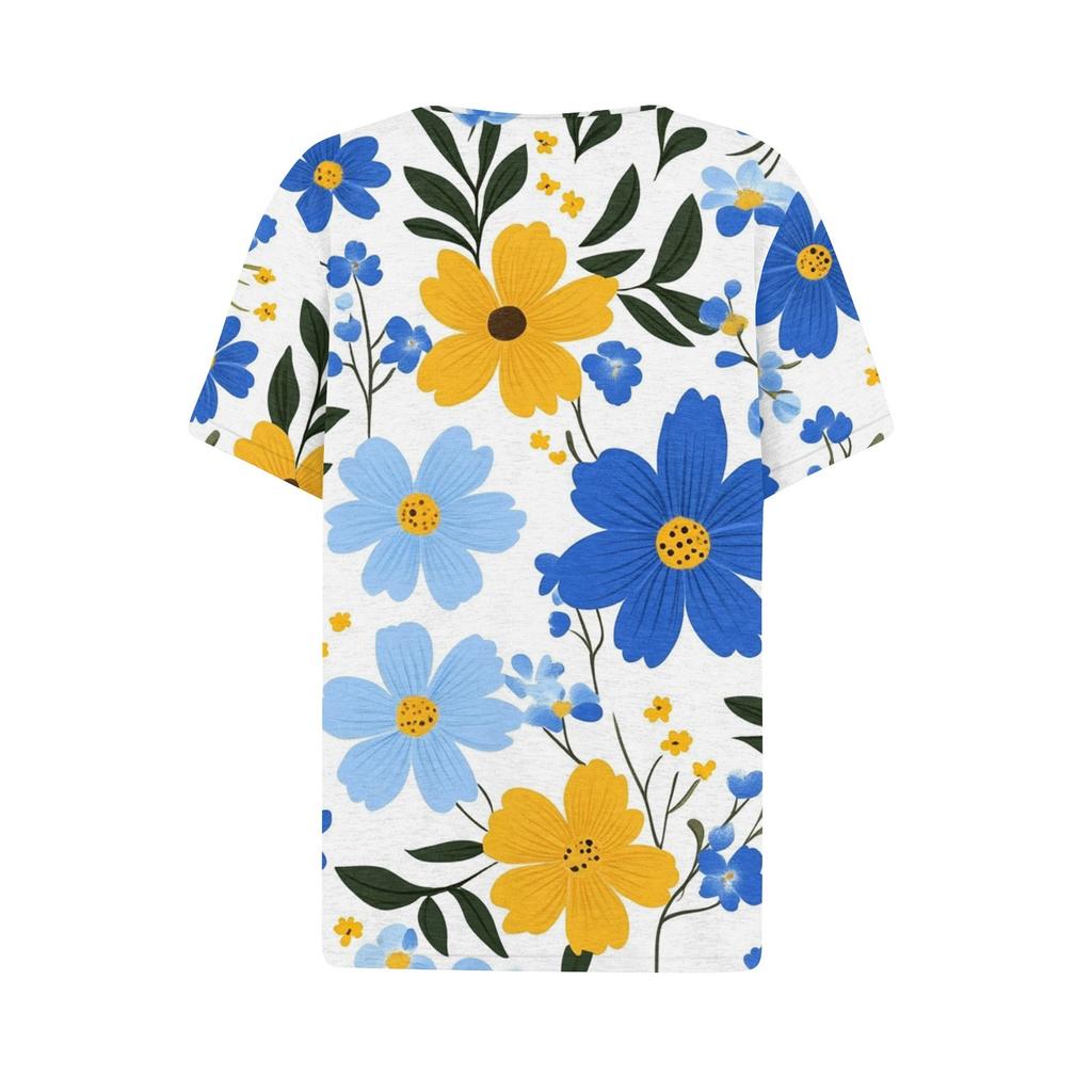 Women's Fashion Casual Vintage Floral Print V-Neck Short Sleeve Decorative Button T-Shirt Tops