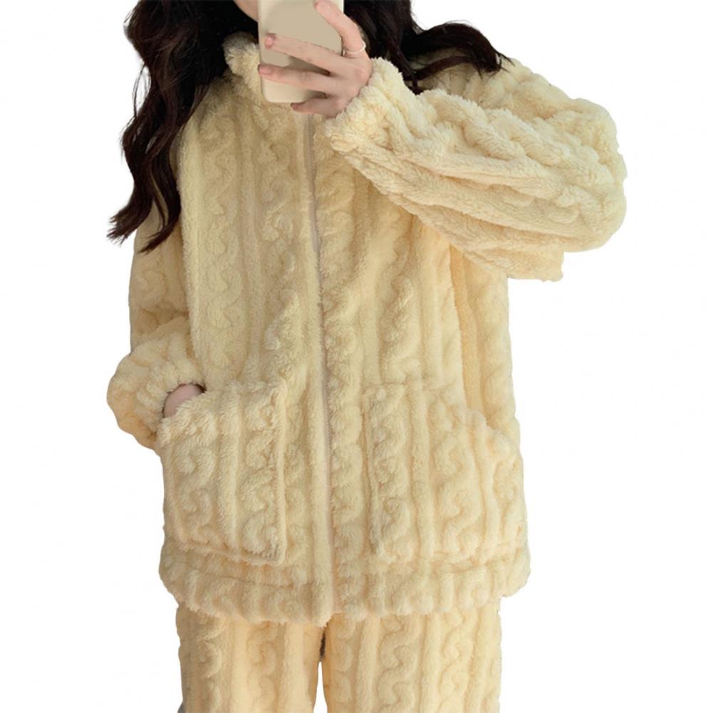 Women Pajamas Cozy Winter Pajamas Set with Stand Collar Zipper Closure Thick Coral Fleece Homewear Coat for Unisex for Nights