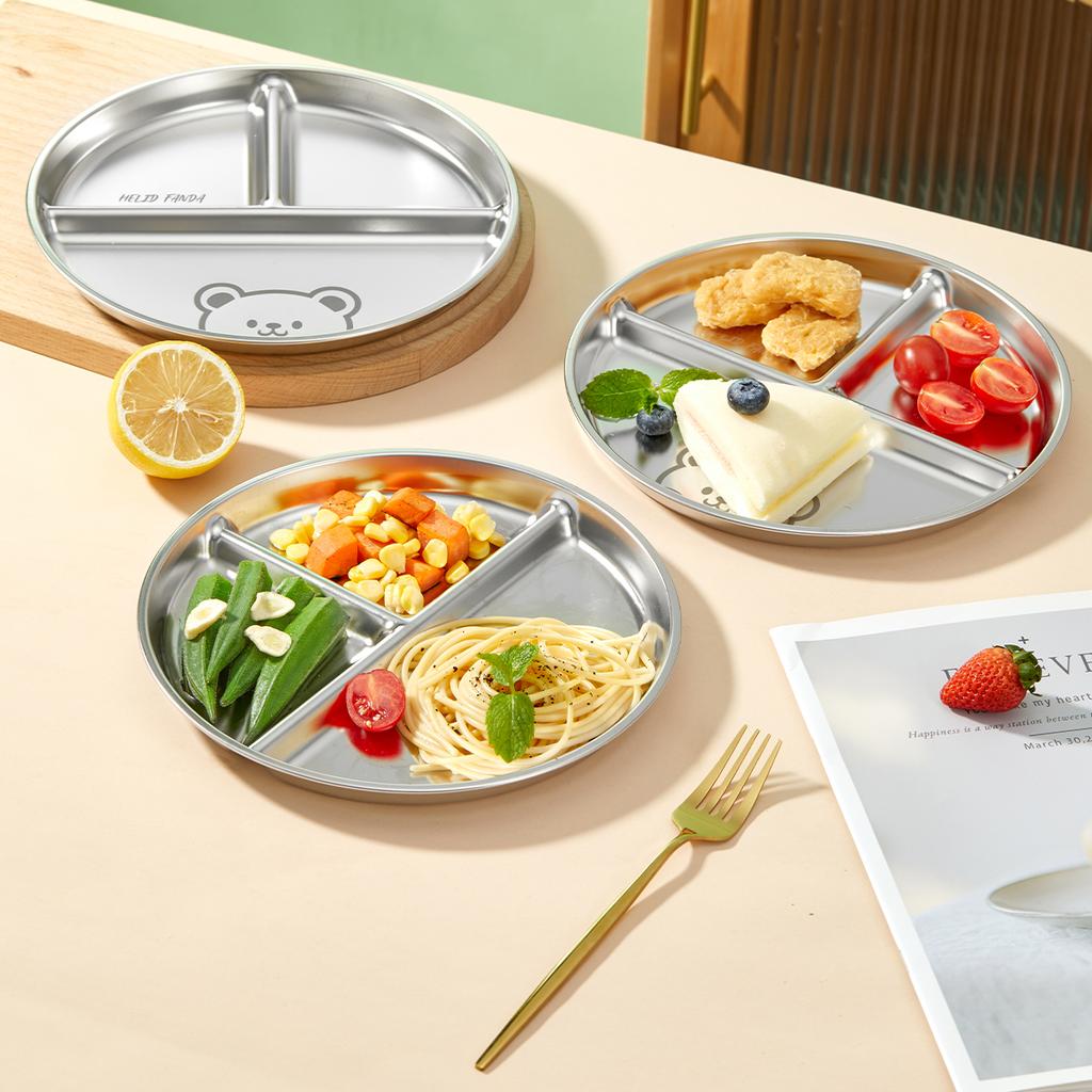 Round Dinner Plate With Compartments 304 Stainless Steel Dinner Dish Fruit Salad Food Plates Kitchen Tableware