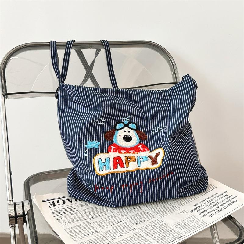 Literary Cute Puppy Cartoon Embroidered Striped Canvas Bag Student Shoulder Messenger Bag Female