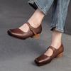 Buckle Square Toe Genuine Leather Pumps Fashion Solid Color Middle Heel Women's Shoes
