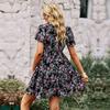 Floral Dress Women Spring Autumn V Neck Short Sleeve Loose Chic Printed S-XL