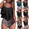 Women's Split Fashion Print Double Ruffle Backless Swimming Costume With Bra Pads And No Steel Bra