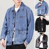 Men Denim Jacket Lapel Long Sleeve Jacket Coat with Large Pockets Spring Autumn