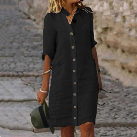 Women Summer Midi Dress Lapel Half Sleeve Solid Color Single-breasted Soft Breathable Buttons Lady Knee Length Dress