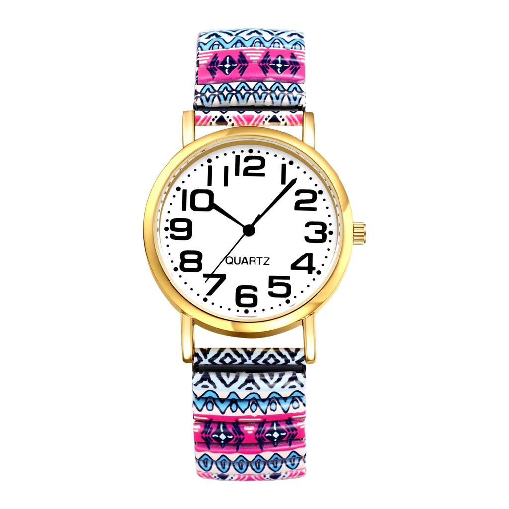 Bohemian Watch with Elastic Strap and Arabic One Size Fits Floral Waterproof Quartz Watch with Stretchable Stainless Steel Analog Colorful Ethnic