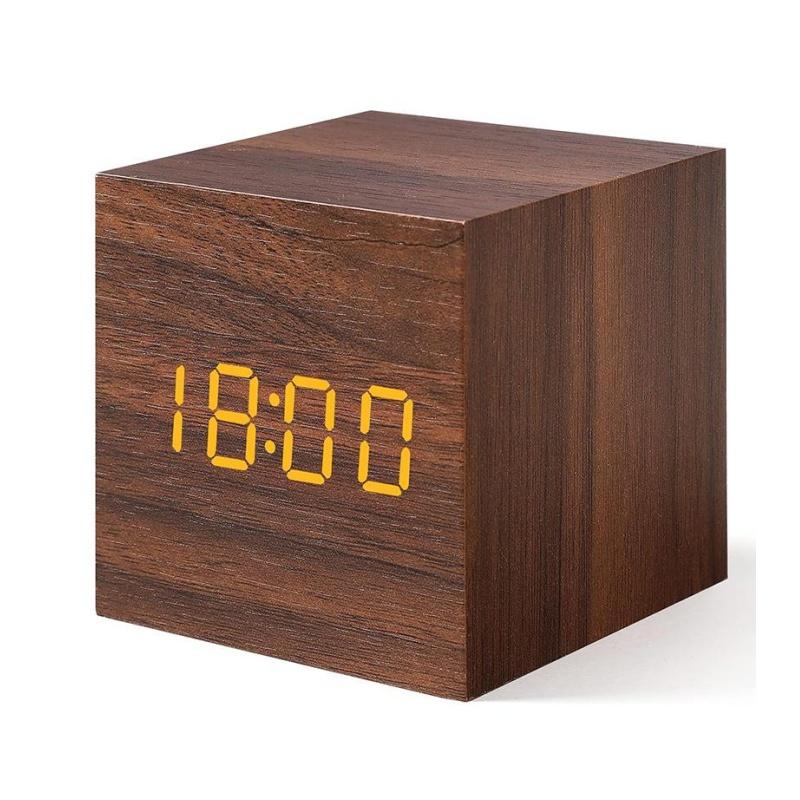Voice Control  Wooden Digital Alarm Clock TEMP Date 3 Alarms Desktop Electronic Table Clock 12/24H USB Powered LED Bedside Clock