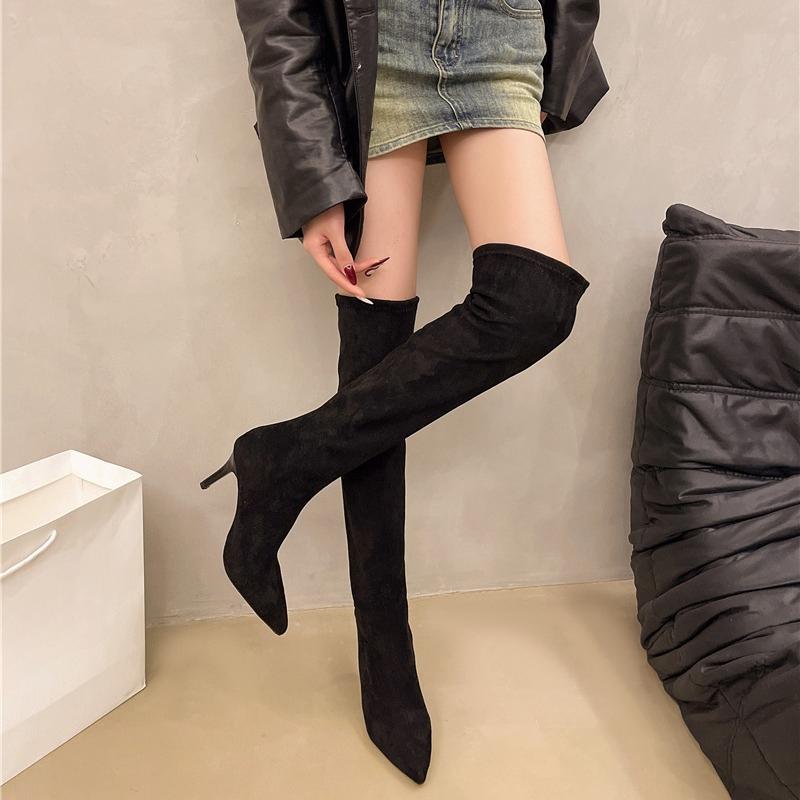 Temperament Over The Knee Thigh Boots Autumn New Pointed Toe Suede Sleeve Anti-Slip Wear-Resistant High Heels