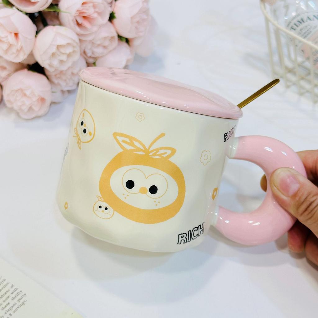 Small Gift Mug Ceramic Small Gift Box Cup Household Water Cup Ceramic Cup Small Orange with Lid Spoon