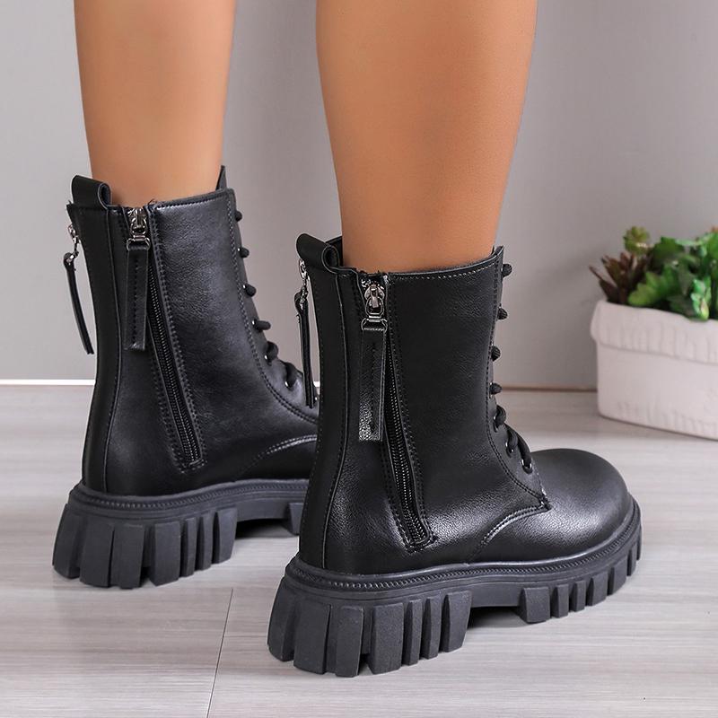 Fashion 2024 Black New Women Ankle Boots Autumn Winter Platform Lace Up Ladies Punk Boots Thick Sole Zipper Combat Booties Female