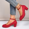 2024 High Quality Women's Shoes New Round Toe Solid Color Suede Shallow Mouth Thick Heel One-line Buckle Women's High Heels