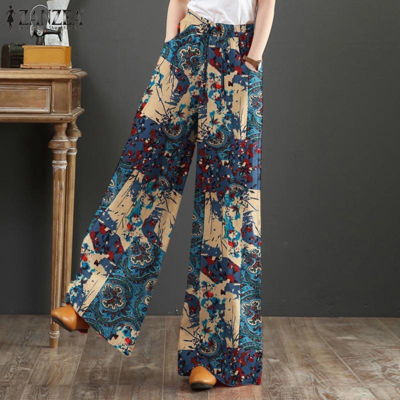 ZANZEA Women Casual Print Loose Elastic Belted Wide Leg Long Trousers