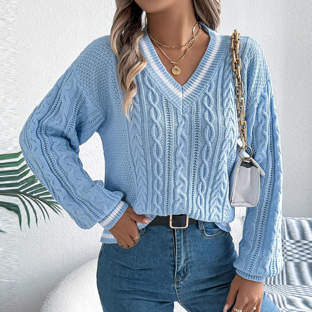 Women's Color-blocking V-neck Long-sleeved Sweater