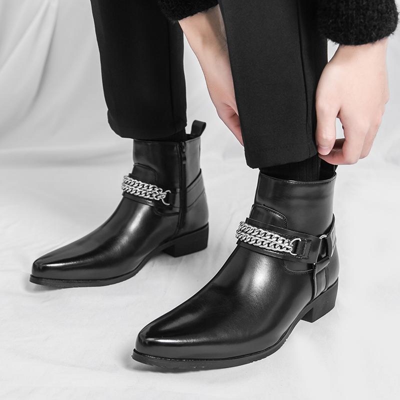 Fashion Autumn Brand Men Metal Cool Breathable Leather Boots British Style Mens Comfortable Pointed Side Zipper Knight Boots Horse Boots