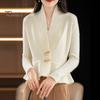 Women Sweater Coat V-Neck Long Sleeve Ruffle Hem Knitting Sweater Solid Color Slim Fit Waist Tight Sweater Cardigan