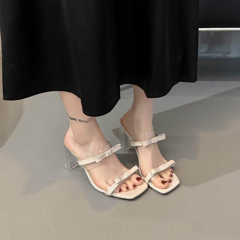 High Heels Women's Summer New Square Head Bow Word Crystal Heel Sandals Thick Heel Slippers Women