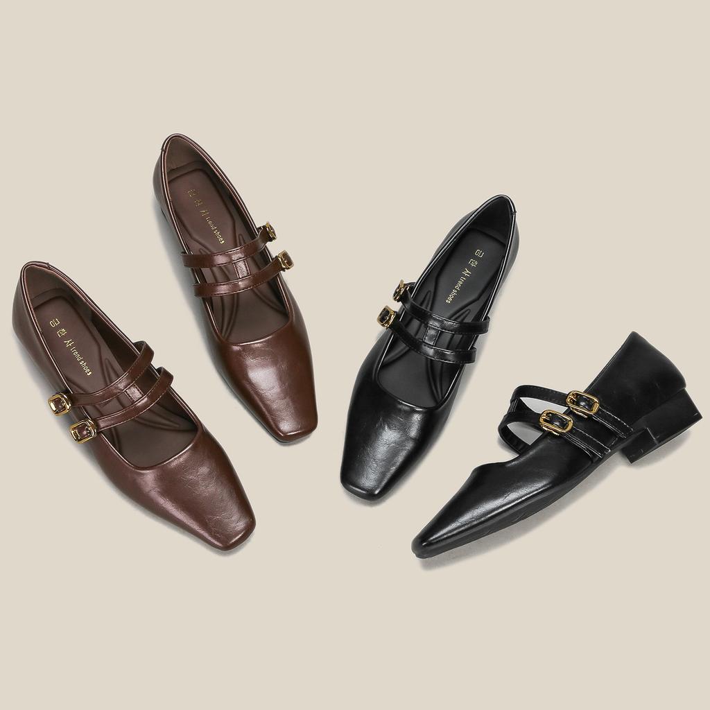 Autumn and Winter New Single Shoes Square Head Retro Thick Heel with Mary Jane Low Heel Light Mouth Leather Shoes Soft Sole Soft Surface Advanced