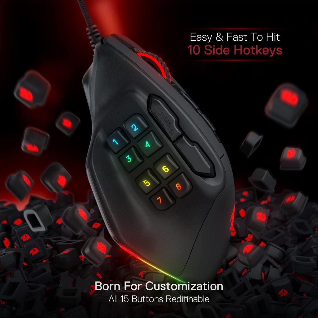 Redragon M811 Aatrox MMO Gaming Mouse 15 Programmable Buttons Wired RGB Gamer Mouse Ergonomic Natural Grip Build 10 Side Macro Keys Software DIY