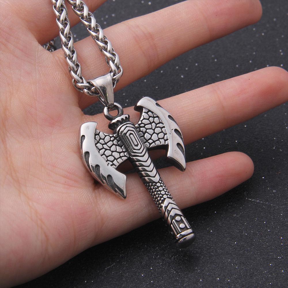BaviPower Nordic Axe Necklace for Men Nordic Single Sided Double Sided Battle Axe Pendant Stainless Steel Keel Chain Protection