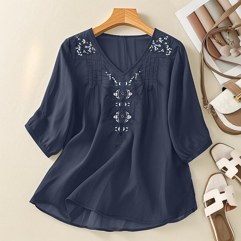 ZANZEA Women Casual V-Neck Half Sleeve Loose Embroidery Blouse