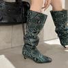 Microfiber Autumn Winter Shoes Square Toe Med Heels Slip On Western Boots Snake Skin Pattern Women Thigh High Boots