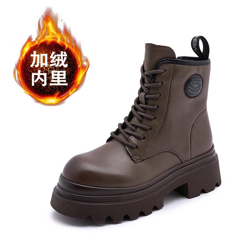 Leather Martin Boots Women's Thick Heel 2025 New Autumn and Winter Thick-soled Medium Boots Children's Versatile Velvet British Style Short Boots