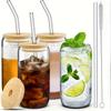 4 Pieces Drinking Glasses with Bamboo Lid and Glass Straw,500ml Canister Glasses for Beer,Iced Coffee,Soda Boba Tea Cocktails Cute Non-Tipping Glasses