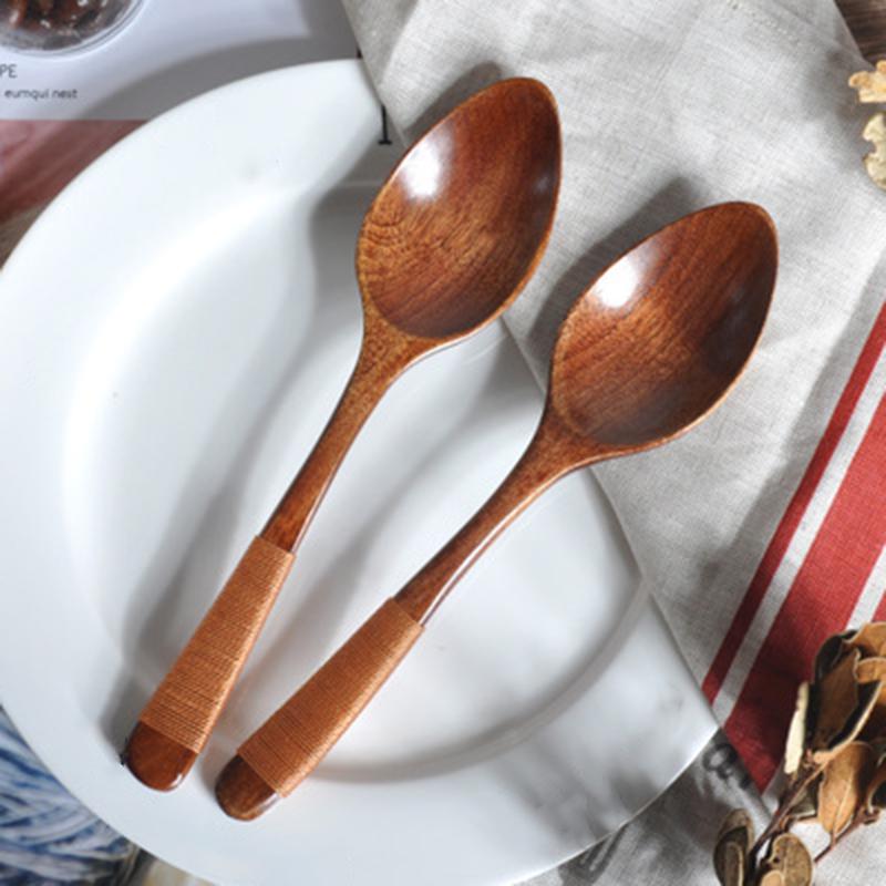 2pcs Wooden Coffee Soup Spoon Kitchen Utensil Tableware With Handle Knitting