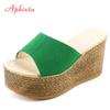 Fashion Aphixta 9cm Heels Slides Pearl Crystals Appliques Shoes Woman Slippers Flip Flops Wedge Heel Platform Woman Beach Zapatos Mujer