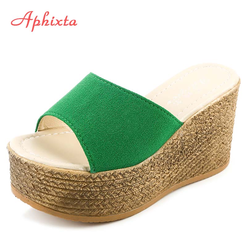 Fashion Aphixta 9cm Heels Slides Pearl Crystals Appliques Shoes Woman Slippers Flip Flops Wedge Heel Platform Woman Beach Zapatos Mujer