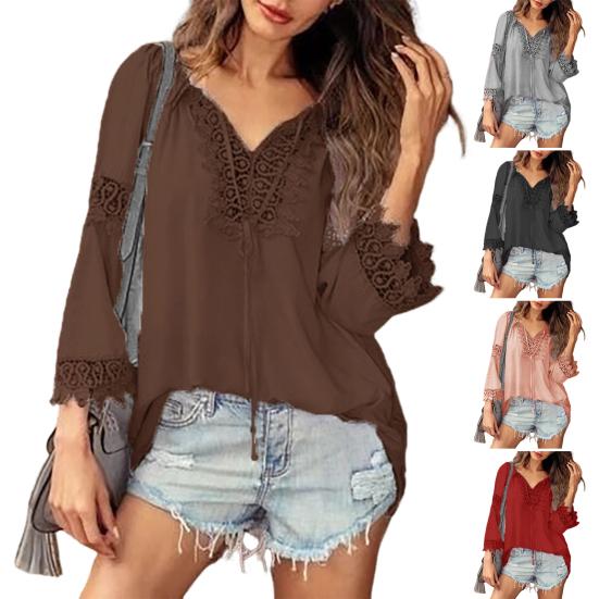 Women Shirt V-Neck Long Sleeve Side Split Hem Pullover Tops Solid