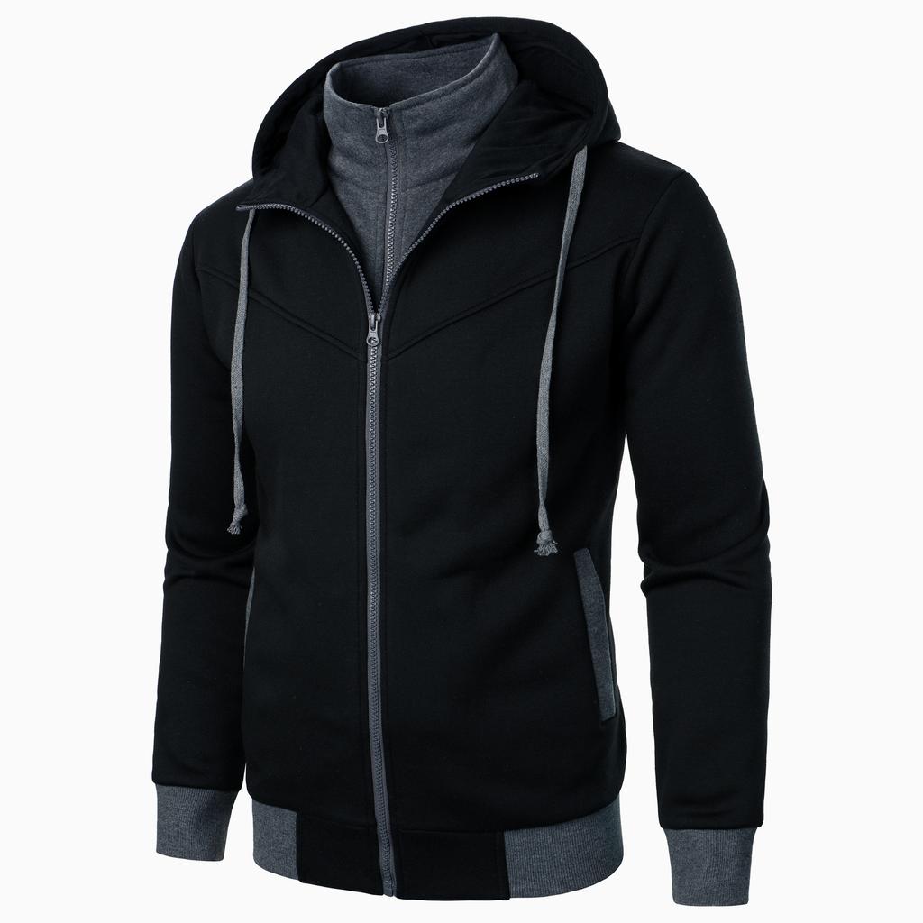 New Men's Sweatshirt Fashion Casual  Fake Two-piece Illusion Solid Color Hooded Loose Cardigan Sweatshirt Thin Hoodies Yasheng