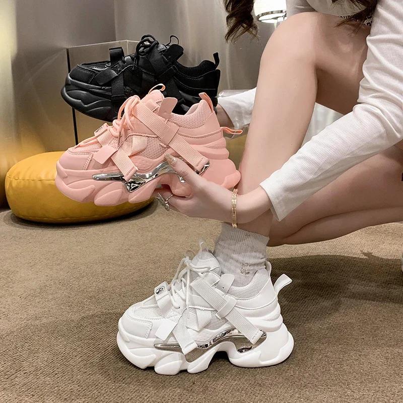 Fashion Brand 2024 Breathable Mesh Sneakers Sport Shoes Woman Wedge Casual Chunky Shoes High Platform Shoes 7CM