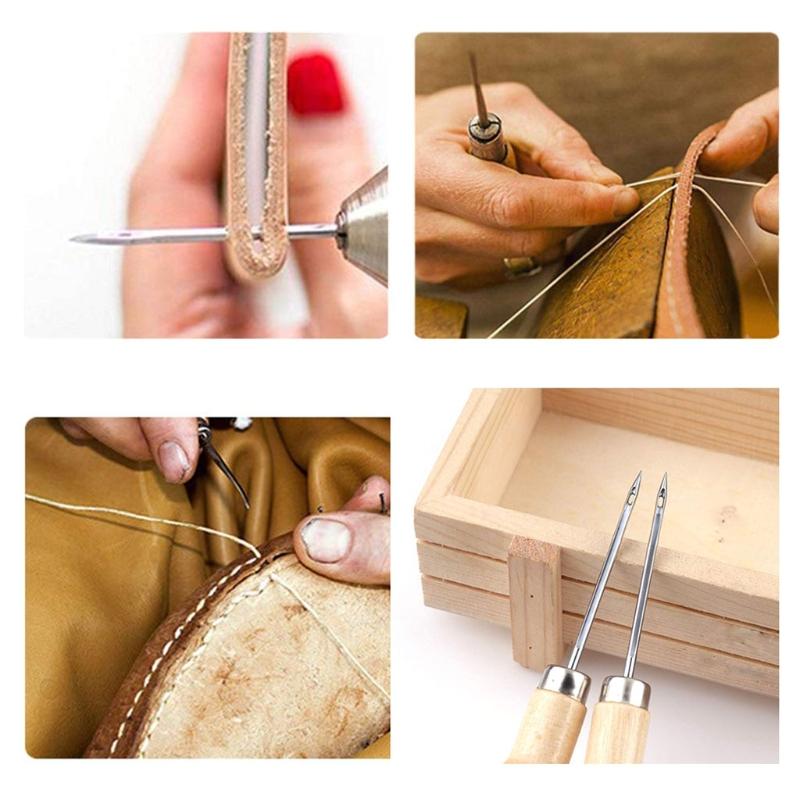 3PCS/SET Wooden Handle Shoes Repairing Awl Leather Shoe Sewing Cobbler Tool DIY Craft Repair Hand Stitcher Straight Curved Hook