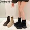Винтажные женские ботильоны на платформе и толстой подошве, удобные туфли из короткого плюша, осенне-зимние, стройнящие, увеличивающие рост, короткие ботильоны