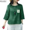 ZANZEA Women Casual Round Neck Loose 3/4 Sleeve Cotton Blouse