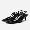 TRAF Womans Black Leather High Heel Sandals Sexy Pointed Toe Slingback Metal Buckle Pumps Sandals Summer Party High Heel Sandals