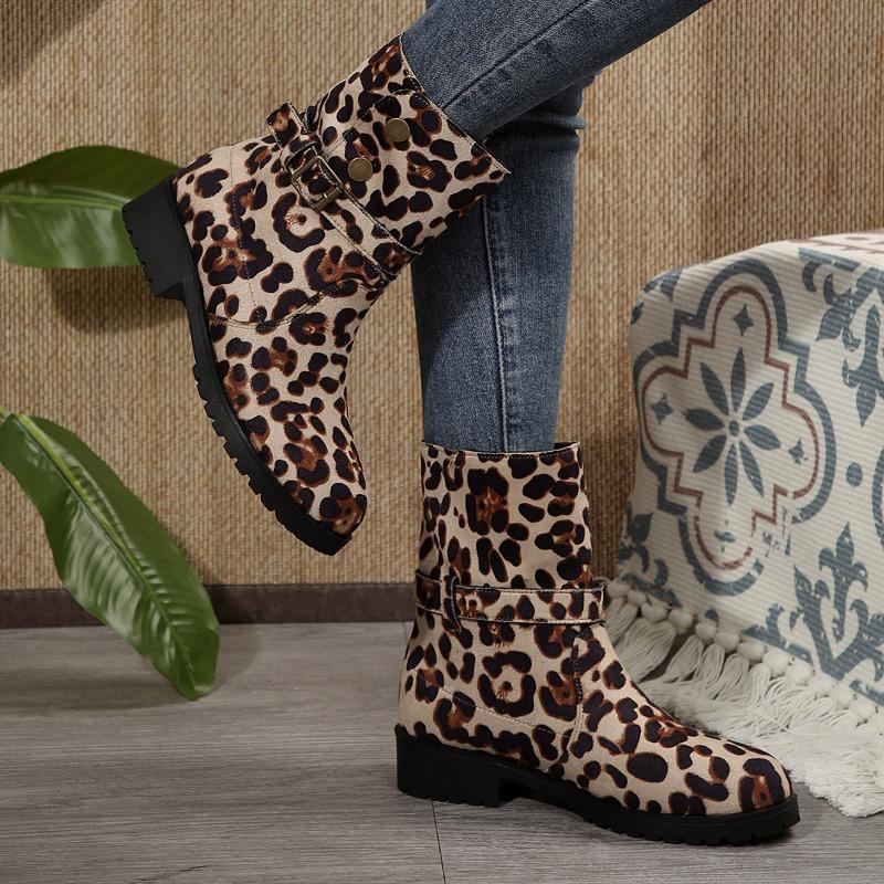 Fashion Women Suede Leopard Ankle Boots Winter Flats Shoes Woman 2025 Trend Fashion Designer New Retro Snow Motorcycle Boots Mujer Botas