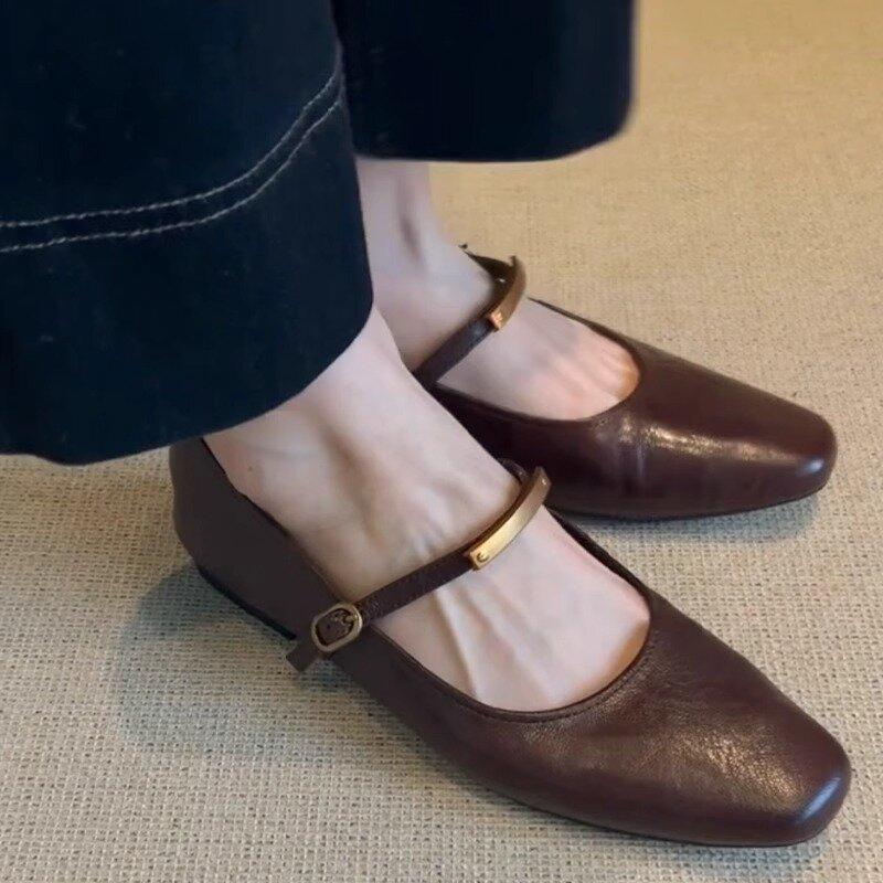 Fashion Mary Jane Shoes Female Genuine Leather New Style Luxury Ballet Shoes Women Square Toe Flat Cowhide Ladies Shoes Zapatos Mujer
