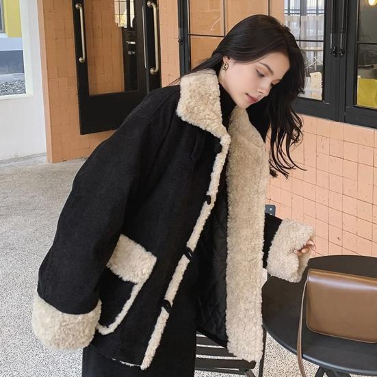 Women Winter Jacket Retro Fleece Contrast Color Thickened Plush Outerwear High Collar
