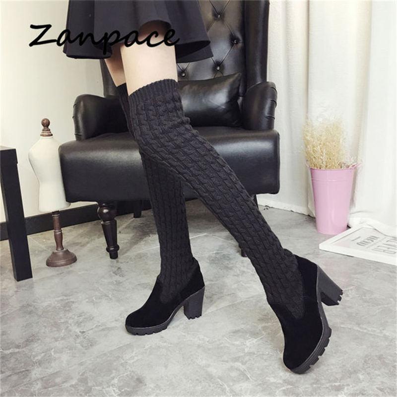 2025 Winter Warm Women Boots Ladies Knee High Shoes Thick Knitted High Heel Boots Round Top Women High Boots Big Size 35-40
