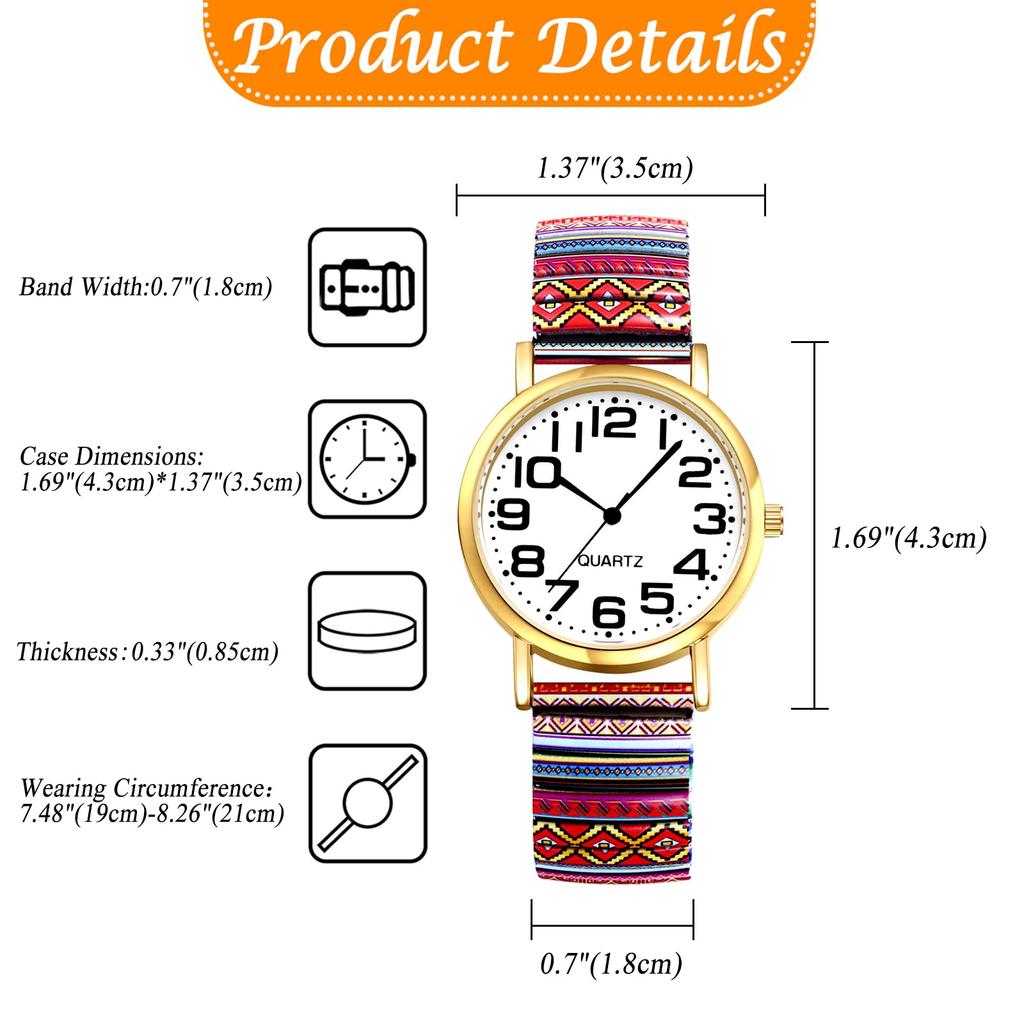 Bohemian Watch with Elastic Strap and Arabic One Size Fits Floral Waterproof Quartz Watch with Stretchable Stainless Steel Analog Colorful Ethnic