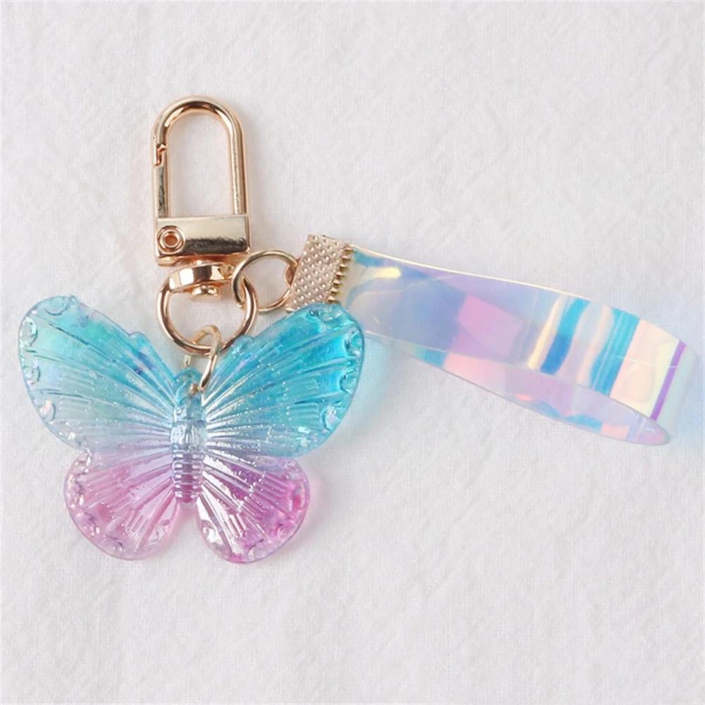 Cute Acrylic Butterfly Keychain Transparant Round Ball Tassel Keyring Women Bag Charm Earphone Case Car Key Pendant DIY Ornament