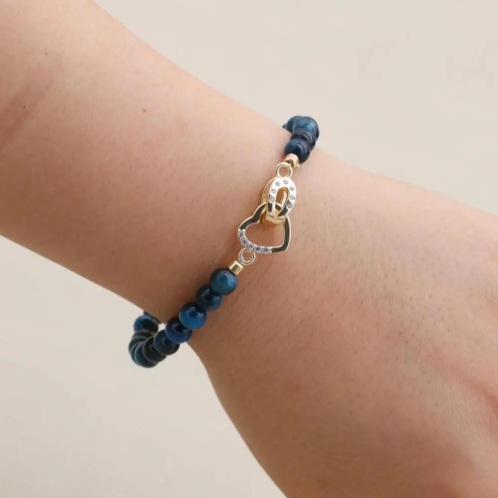 6mm Blue Tiger Eye Beads Copper Heart Shape Beaded Strand Bracelet & Bangle Women Men Lover Handmade Jewelry Valentine's Gifts
